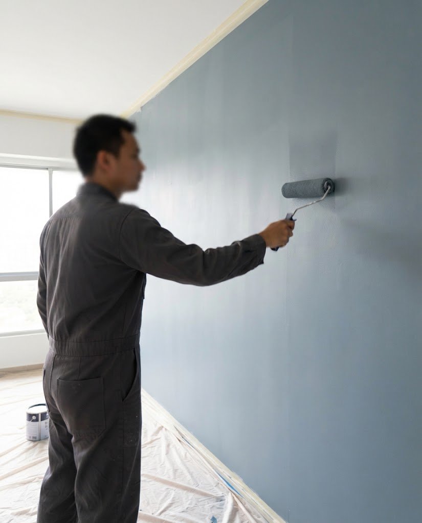 Painter applying a finishing coat in a Singapore home